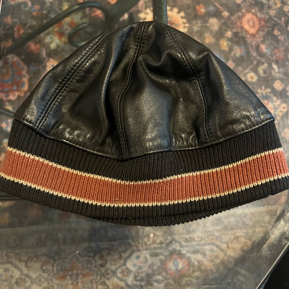Williston Leather 90’s Y2Men's Black Leather Beanie with Brown Striped Knit Cuff